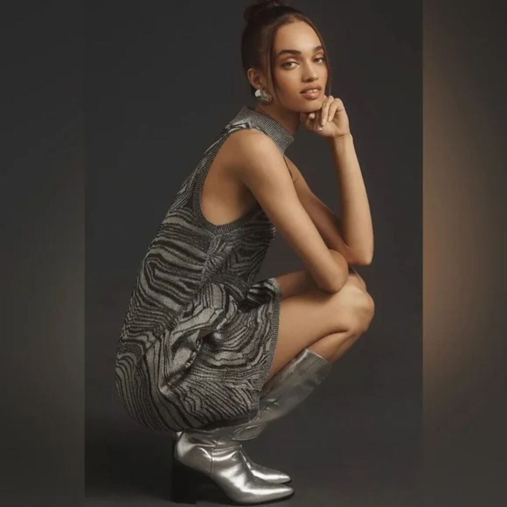 NWT Anthropologie Metallic Mock Neck Sweater Mini Dress Silver Black L